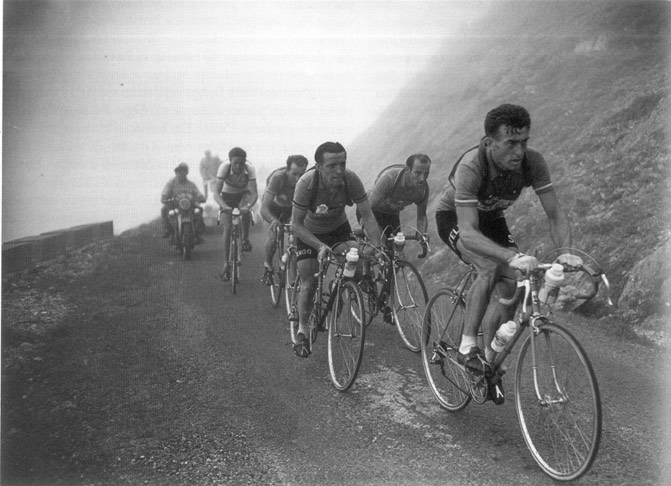 Louison Bobet leading the group of favourites on Aubisque in the Pyrenees during the 11 stage of Tour de France 1954 