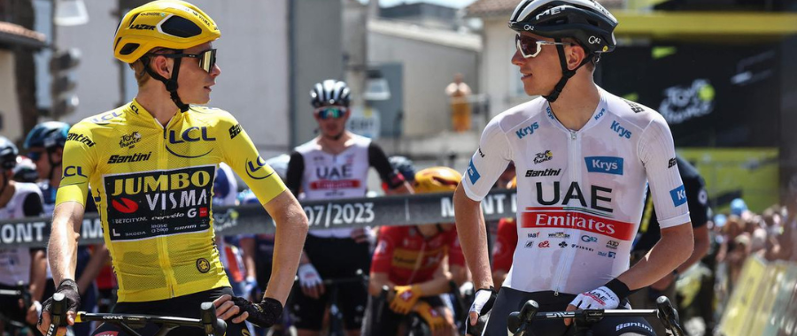 Jonas Vingegaard (in yellow jersey)and Tadej Pogacar face to face at Tour de France 2023