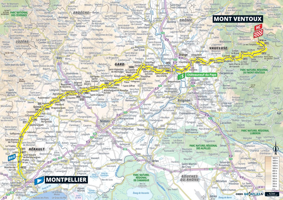 Map for the 16th stage of Tour de France 2025 including Mont Ventoux