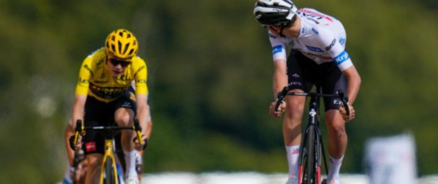 Tadej Pogacar looking back at Jonas Vingegaard (in sellow jersey) during duri the 20th stage of Tour de France 2023