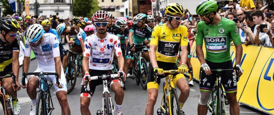 Julian Alaphilippe in polka dot jersey, Geraint Thomas in yellow jersey, Peter Sagan in green jersey during Tour de France 2018