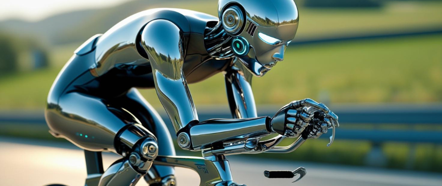 Humanoid robot riding a bicycle in a style usually professiona lroad cycling riders do